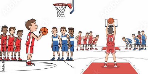 Colorful Cartoon Illustration of Basketball Free Throw Drill Practice Session