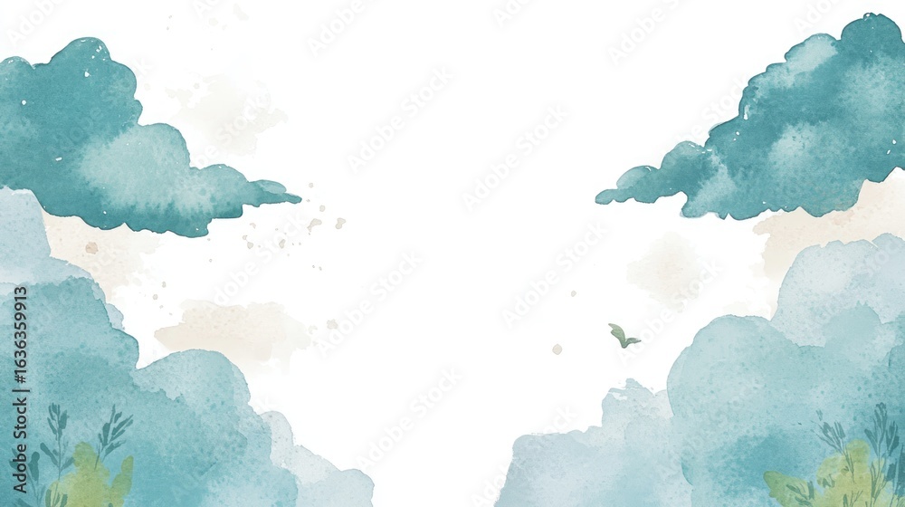 Obraz premium Watercolor cloudscape with plants, copy space.