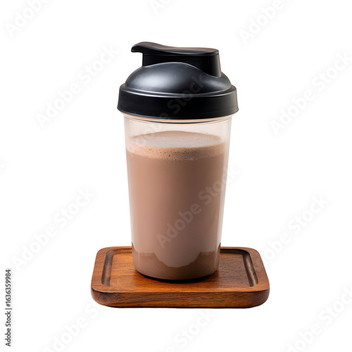 Chocolate protein shake in shaker bottle