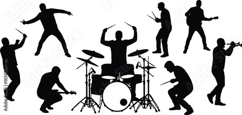 Silhouettes of musicians performing, drummer in spotlight, energetic band illustration, music concert vibe, instruments in action, artistic performance scene