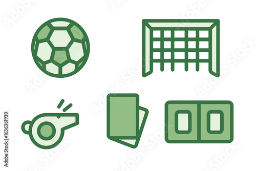 Soccer game elements including ball, whistle, referee cards, and goalpost emphasizing the excitement of the sport