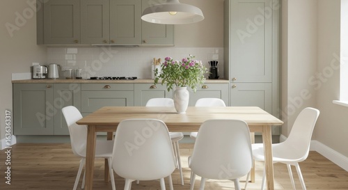 Modern kitchen dining area with wooden table and white chairs  