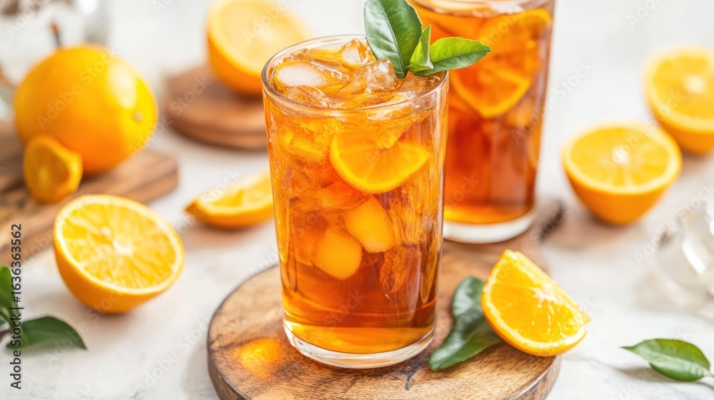 Fototapeta premium Two glasses of iced tea with orange slices and mint leaves