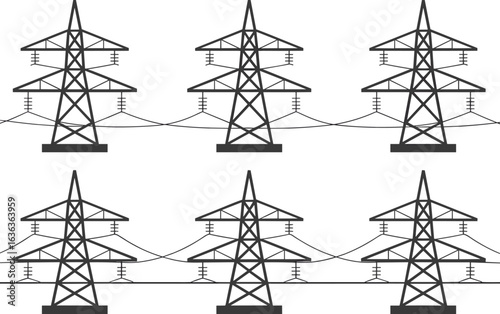 High voltage power lines, electricity transmission towers, energy infrastructure, electrical grid, industrial landscape, renewable energy, sustainable power, utility poles, engineering marvel