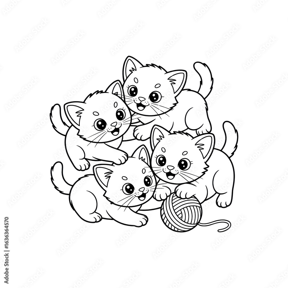 Naklejka premium Playful Kittens Pile with Yarn Ball - Cute Cartoon Illustration