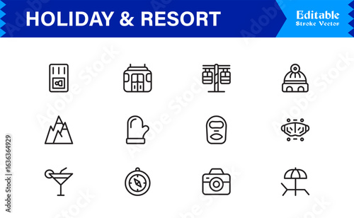 Holiday Resort Travel Line Icon Set – Modern Minimal Professional Vector Symbols for Vacation Tourism Leisure