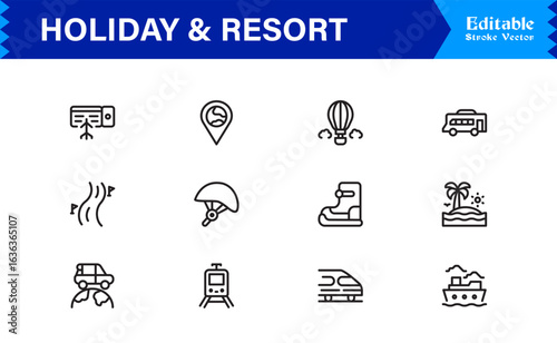 Holiday Resort Travel Line Icon Set – Modern Minimal Professional Vector Symbols for Vacation Tourism Leisure