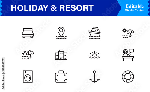 Holiday Resort Travel Line Icon Set – Modern Minimal Professional Vector Symbols for Vacation Tourism Leisure