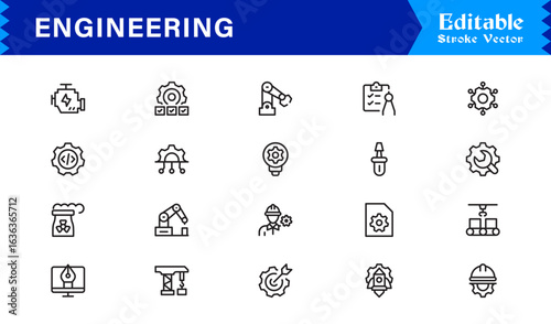 Engineering line icon set featuring clean, editable, pixel-perfect symbols. Includes professional, modern, and minimal designs tailored for precision-driven industries.