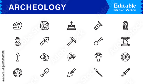 Archeology line icon set featuring pixel-perfect, editable icons in a clean, modern, and minimal style. Perfect for historical, excavation, and museum themes.