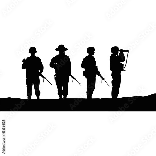 Silhouette of a group of four soldiers or hunters standing in a line