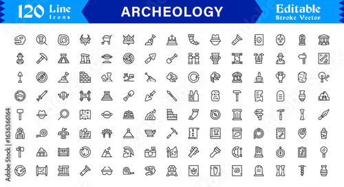 Archeology line icon set featuring pixel-perfect, editable icons in a clean, modern, and minimal style. Perfect for historical, excavation, and museum themes.