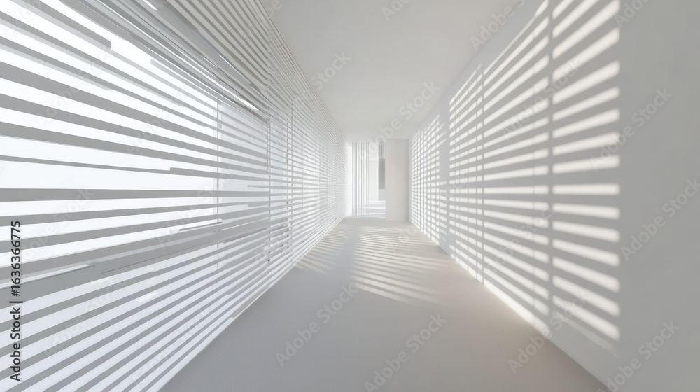 Obraz premium White, minimalist hallway with slatted blinds, sunlit shadows