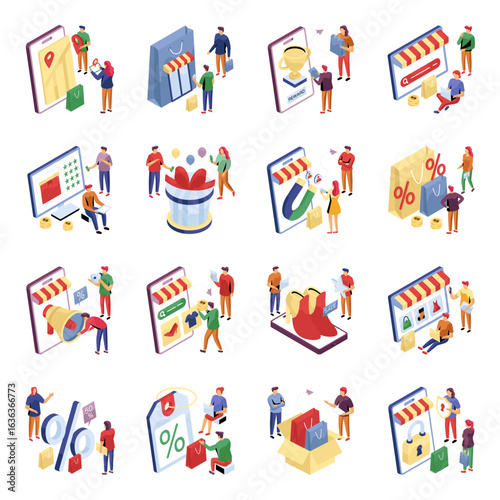 Set of Shopping and Commerce Isometric Illustrations 

