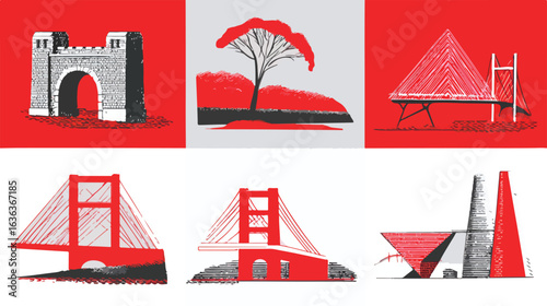 Architectural structures illustrations in red and black