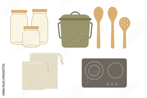 Kitchen essentials featuring jars, a pot, utensils, and dish cloths for meal preparation and storage