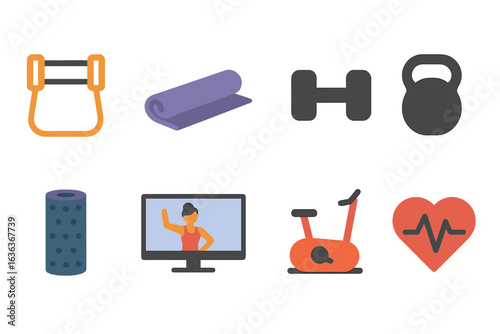 Fitness equipment and tools for home workouts including weights and mats