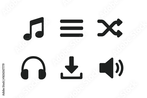 Music icons representing sound controls and audio features for digital applications