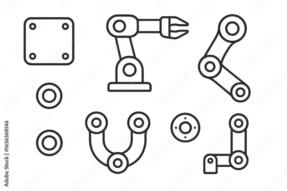 Drawings of robotic parts and components for machinery assembly displayed on a white background Drawings of robotic parts and components for machinery assembly displayed on a white background