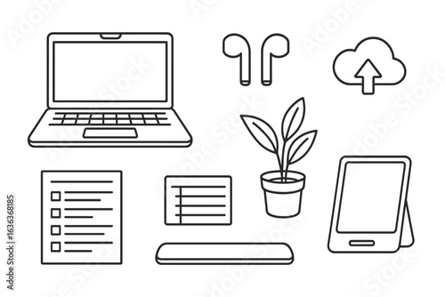 Workspace setup with laptop, wireless earbuds, plant, and tablet in a minimalist design for productivity and organization