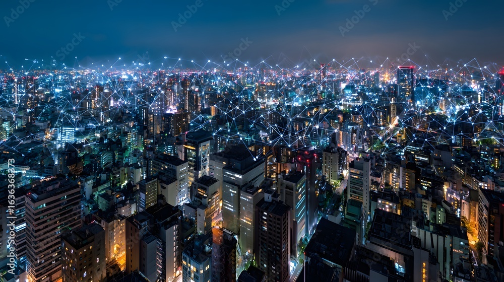 Obraz premium Cityscape at night with interconnected network lines.