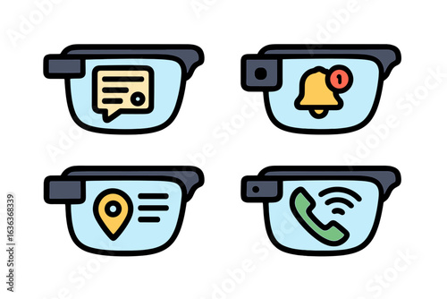 Smart glasses displaying notifications, location details, and call options on a bright background