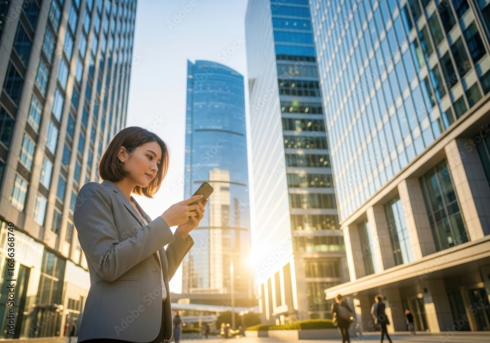 Fototapeta premium Businesswoman smartphone city office building urban professional modern outdoor confident woman using smartphone modern city office district