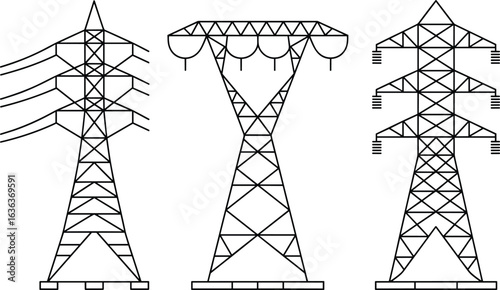 High voltage transmission towers, electrical pylons, power grid infrastructure, energy distribution system, utility poles, electricity network, engineering design, industrial asset