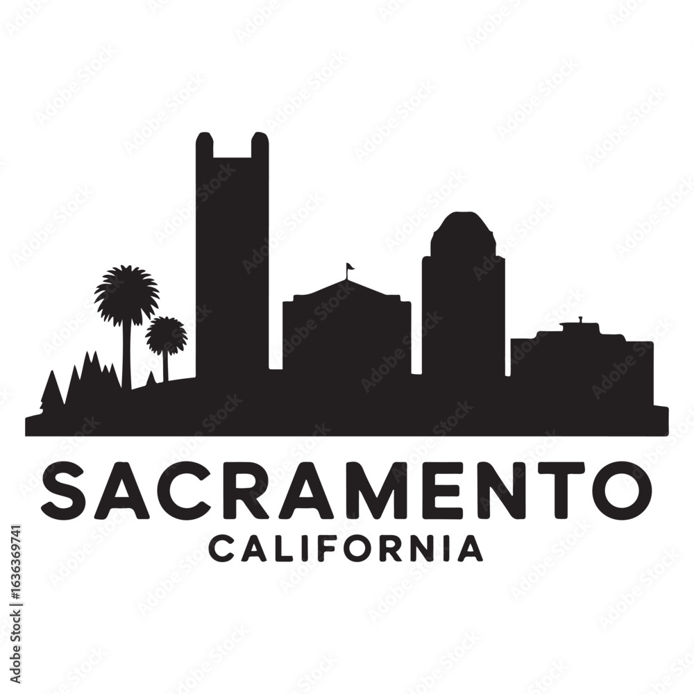 Fototapeta premium Sacramento skyline silhouette. Landscape Sacramento, California. Vector illustration. Vector black silhouette. with white background.