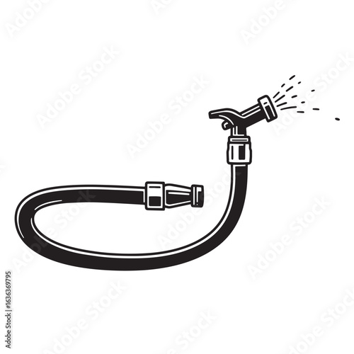 Black and white illustration of a garden hose with a spraying nozzle for watering plants
