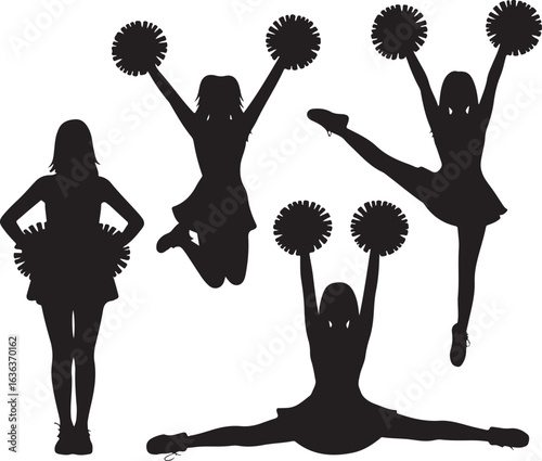 Cheerleader silhouettes in action poses with pom poms on white background cheerleading sport