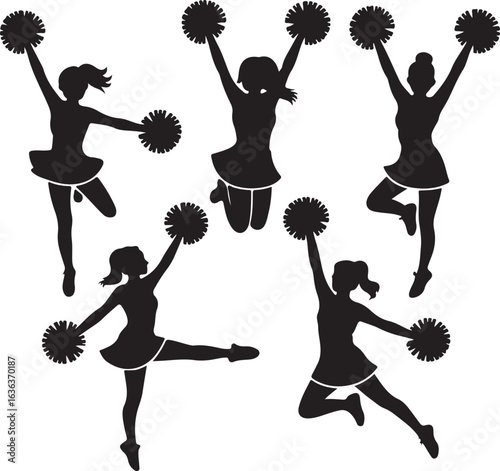 Five dynamic cheerleader silhouettes with pom poms in various poses on white background cheerleading