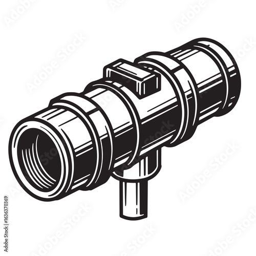 Black and white vector illustration of a plumbing pipe fitting connector t joint