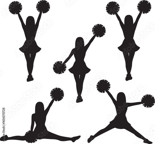 Five Cheerleaders Silhouettes in Various Poses with Pom Poms Keywords: cheerleader, cheerleading
