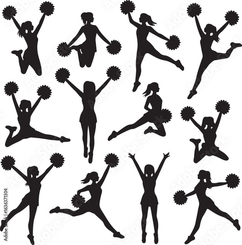 Dynamic Cheerleader Silhouettes in Action Poses with Pom- Poms on White cheerleading female