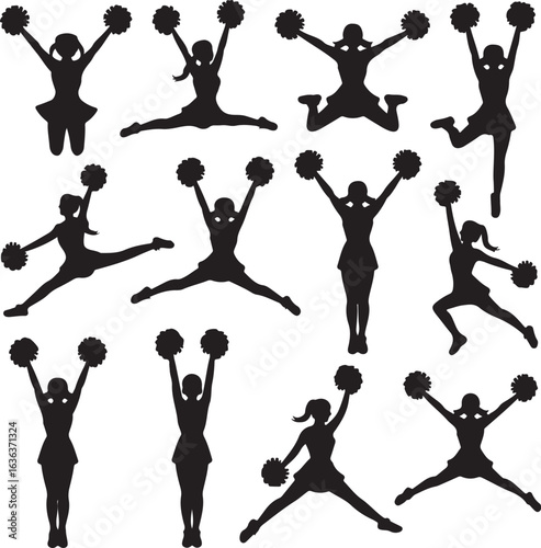 Energetic Cheerleader Silhouettes in Dynamic Poses with Pom- Poms cheerleading female
