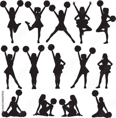 Cheerleaders Silhouettes Performing Various Dynamic Poses with Pom- Poms cheerleading female