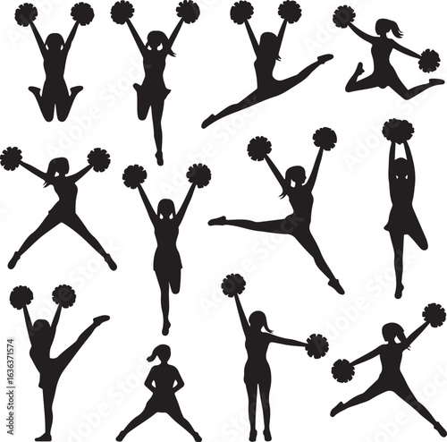 Collection of Cheerleader Silhouettes in Energetic Jumping and Dancing Poses cheerleading female