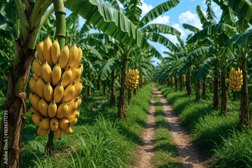 Wallpaper Mural a view of a dense crop of fruit bearing plants shows the foreground dominated by a plant with a cluster of ripening yellow fruit hanging from it Torontodigital.ca