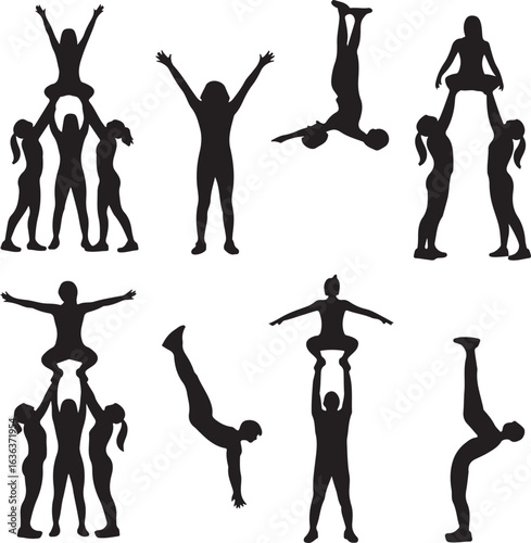 Cheerleaders Performing Acrobatic Stunts and Poses in Silhouette cheerleading