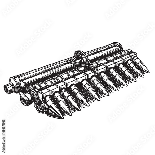 Detailed black and white illustration of a heavy machine gun ammunition belt