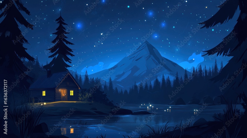 Fototapeta premium Night scene of a cozy cabin nestled beside a lake under a starry sky, with mountains in the background