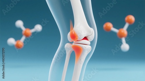 Bent knee joint, bony joint, bony joint bent at an angle of 60°, 3D joint model, minimalist tech style for medical.