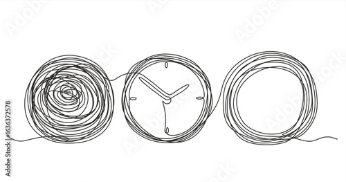 Chaos and order abstract concept vector. Metaphor of disorganized difficult problem, mess with black single continuous tangle thread in need time of unraveling. Hand drawn. Editable 