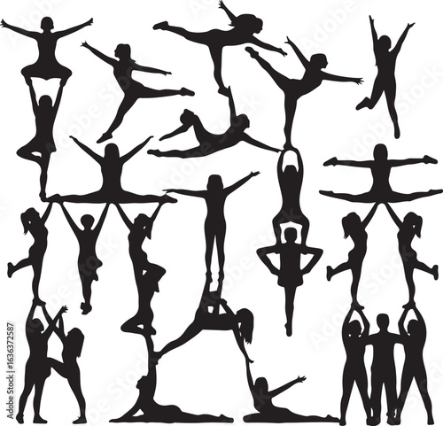 Silhouettes of cheerleaders performing complex acrobatic stunts and formations Keywords: silhouette
