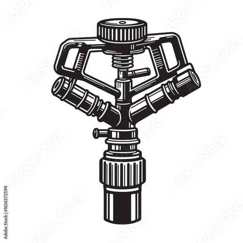 Detailed black and white illustration of a rotating lawn sprinkler for irrigation purpose
