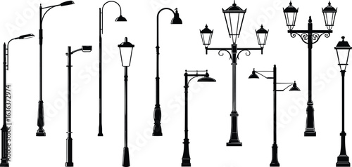 lamps, urban lighting silhouettes, architectural decor elements, outdoor lamp designs, city fixtures, planning reference, Adobe Stock