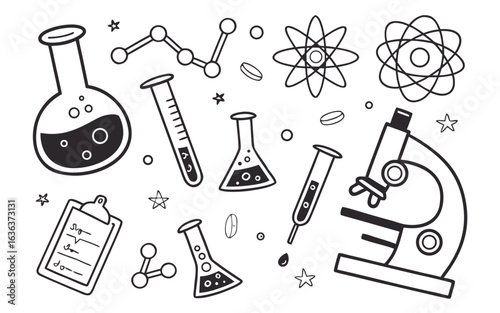 A colorful vector illustration collection of various chemistry lab equipment icons and science symbols