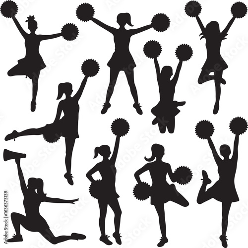 Cheerleaders in action poses with pom-poms silhouettes cheerleading sport