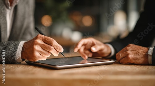 Innovative minds exchanging ideas, tablet displaying Adobe Acrobat AI insights dynamically